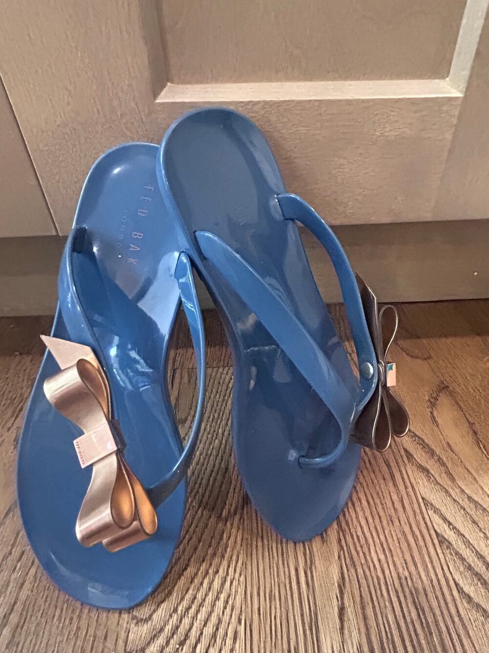 Ted Baker Suszie Bow Jelly Flip Flop Blue Metallic Rose Gold EU 36 US 6 Coquette